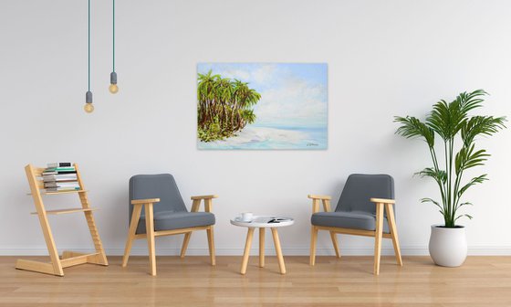 Large Abstract Seascape Painting. Palm trees. Beach, Ocean, Waves, Sky with Clouds, Sailboats, Sailing, Yacht.