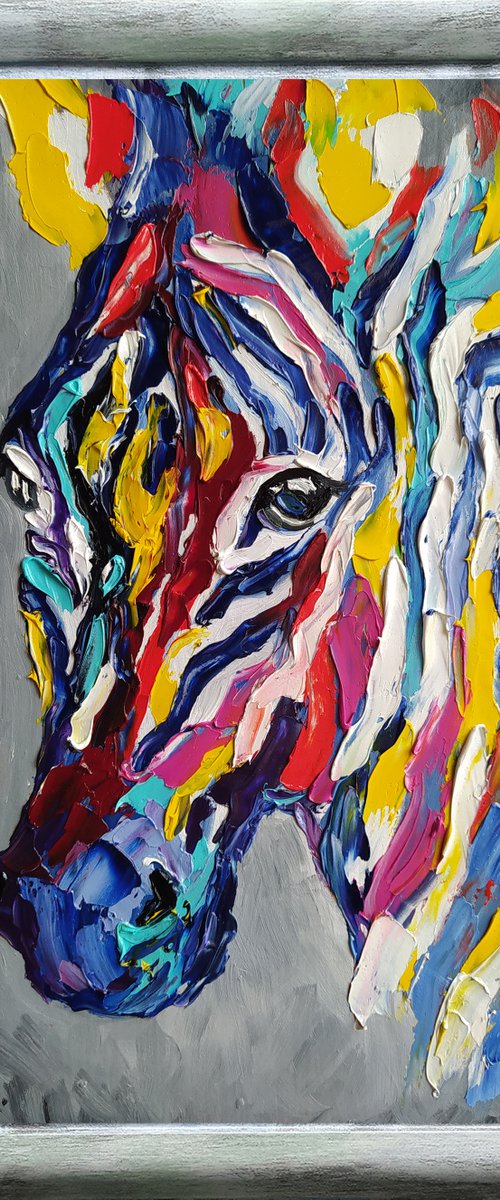 Colored stripes in life - zebra, oil painting, animals, zebra face, animal oil painting, gift by Anastasia Kozorez
