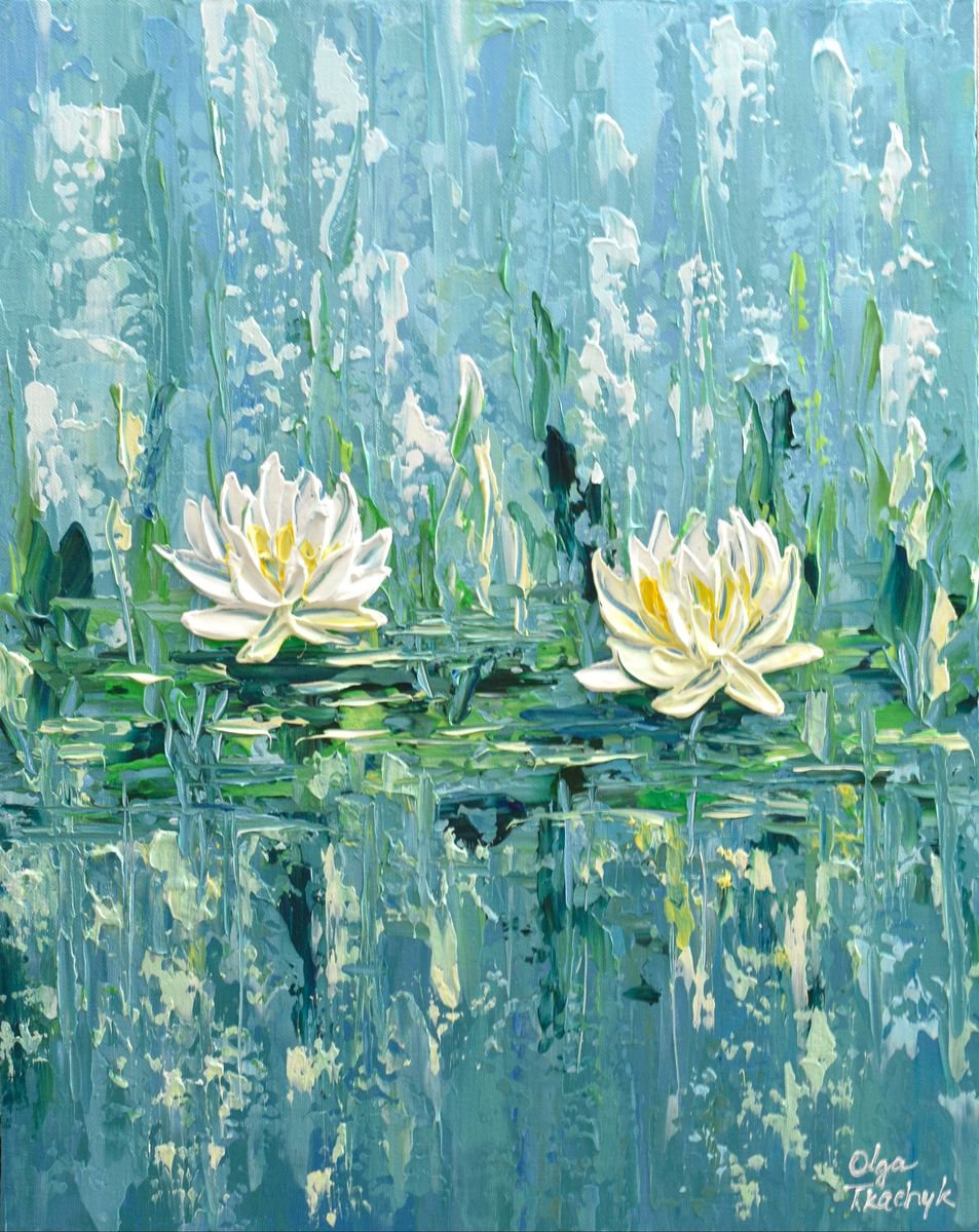 Water Lilies Painting 16x Impasto Original Painting Blue Wall Art Canvas Heavy Textured Floral Art Abstract Waterlilies Gift Artwork Acrylic Painting By Olga Tkachyk Artfinder