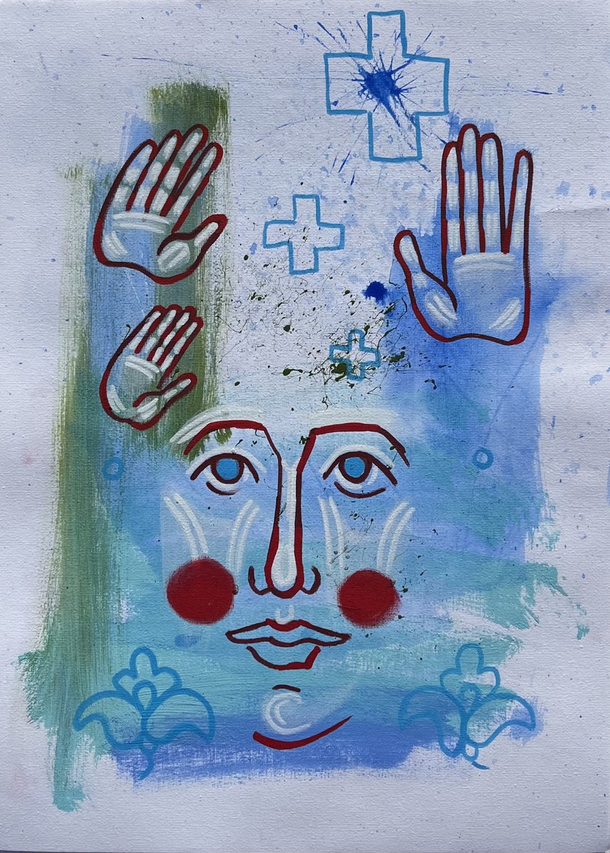 Naive Abstract Acrylic Painting By Yuliia Chaika, 12 X 16", Hands Up, Original Artwork