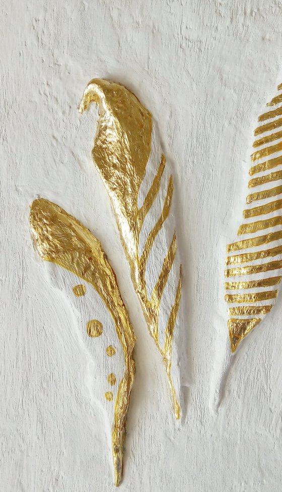 sculptural wall art "Golden feathers"