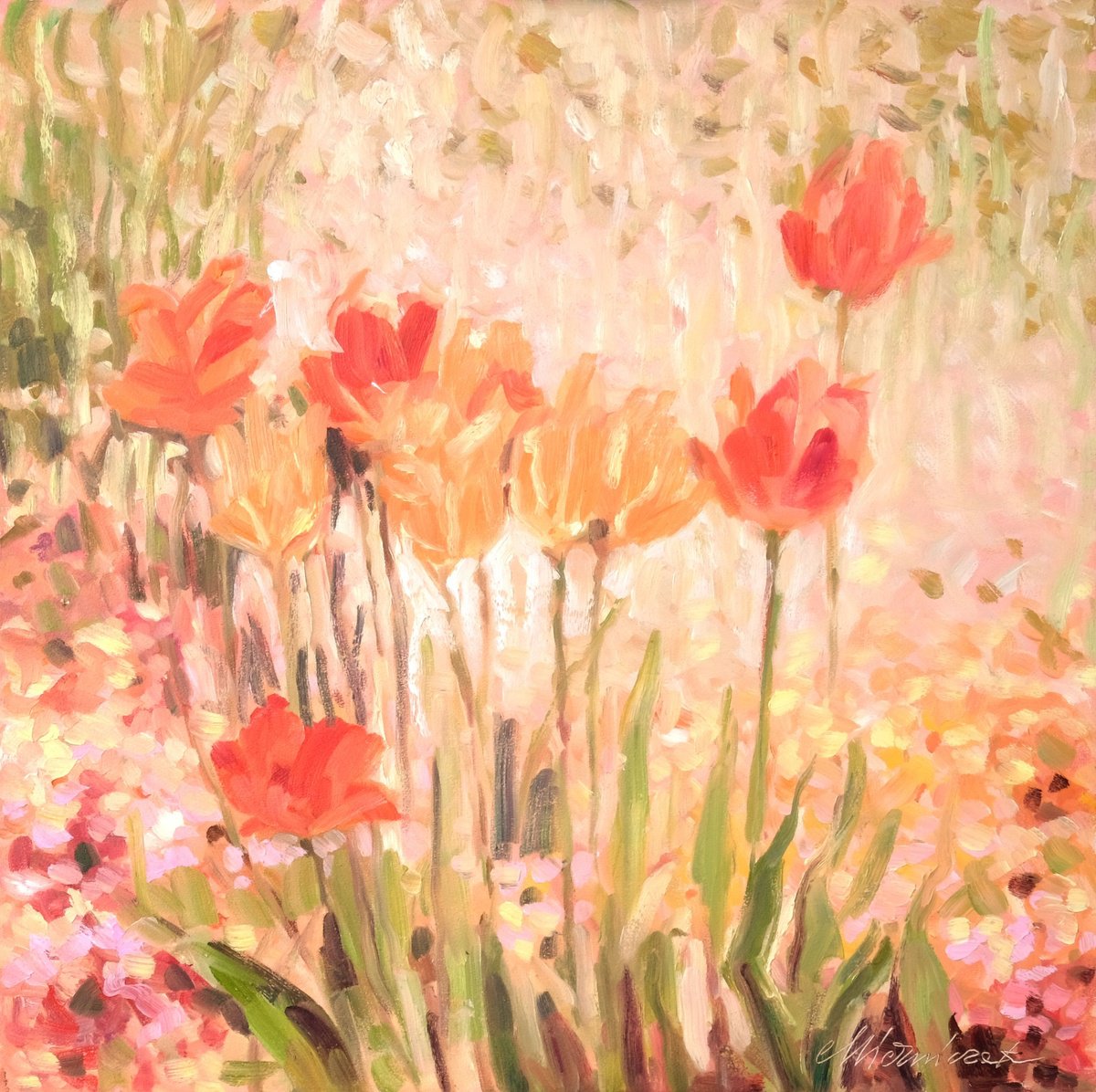 Impressionistic Botanical Oil Painting By Richard Mierniczak, 20 X 20", Tulips, Original Artwork