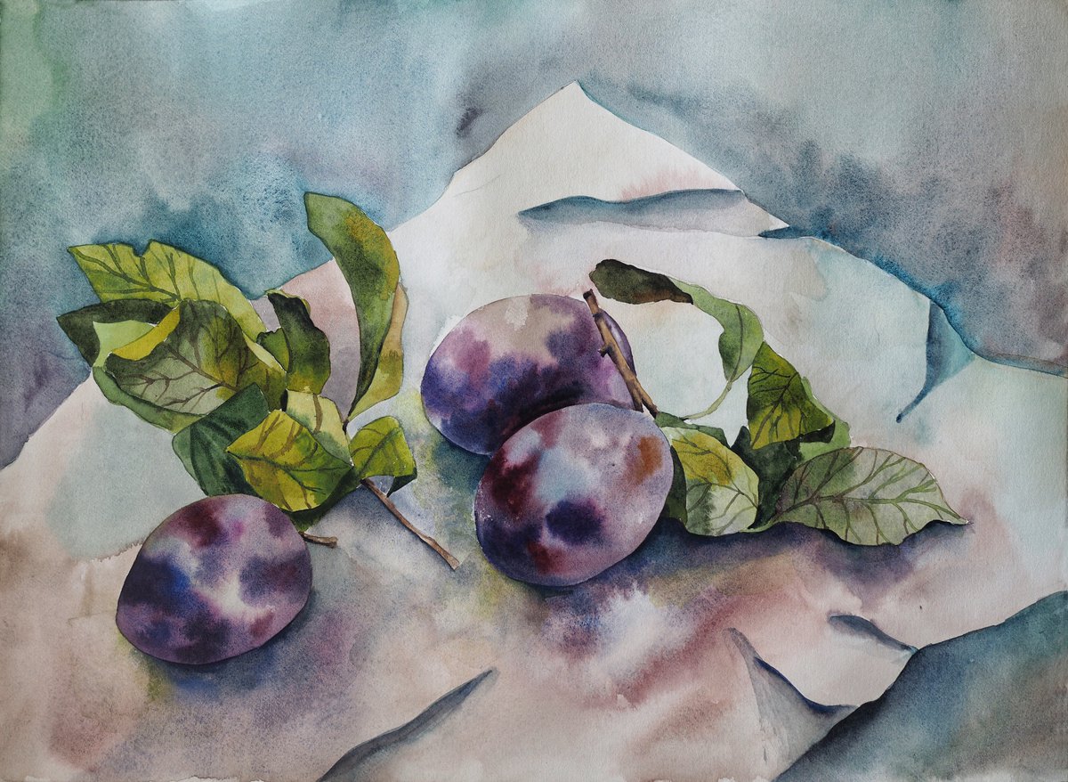 Plums on paper - original watercolor still life by Delnara El