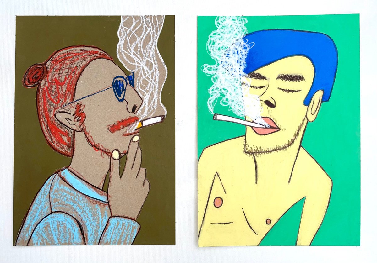 Set 2 artworks "Smoking guys" by Ann Zhuleva