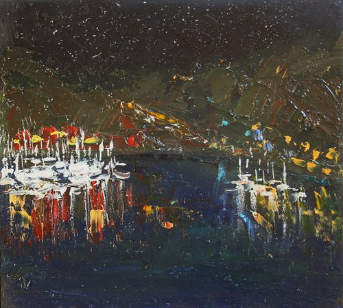Harbour at night... 7x8" /  ORIGINAL PAINTING by Salana Art Gallery