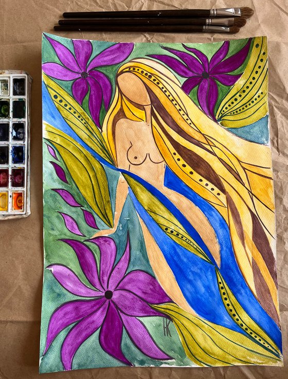 Flower Head Faceless Woman Original Painting
