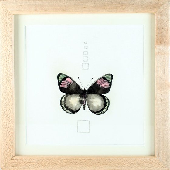 Butterfly / Framed ink painting with metallic pigment and silver leaf