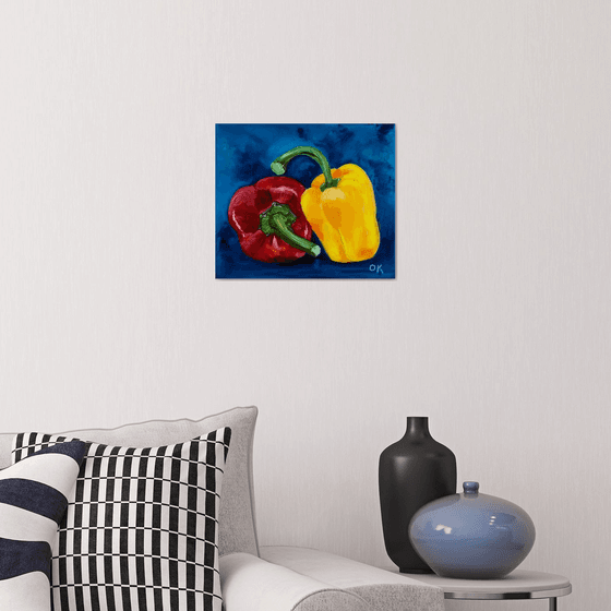 ReD and yellow Peppers on navy  blue background  #7