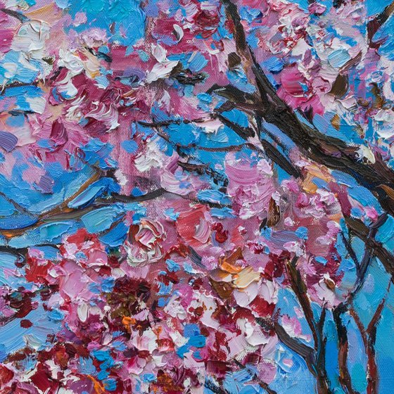 Flowering peach tree Original oil painting FREE SHIPPING