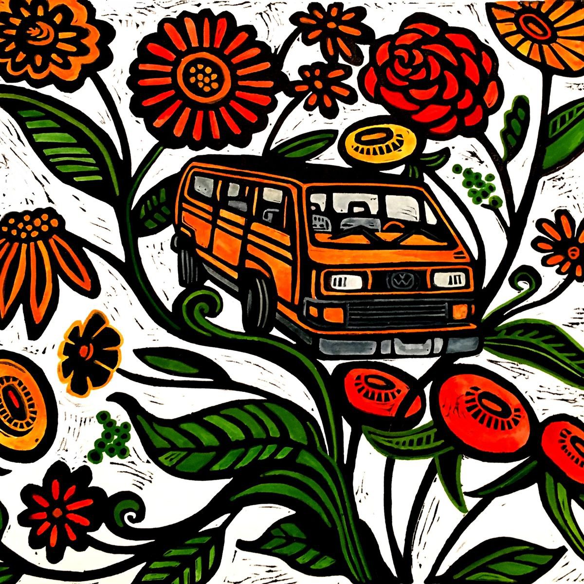 Orange hippie bus by Laurel Macdonald