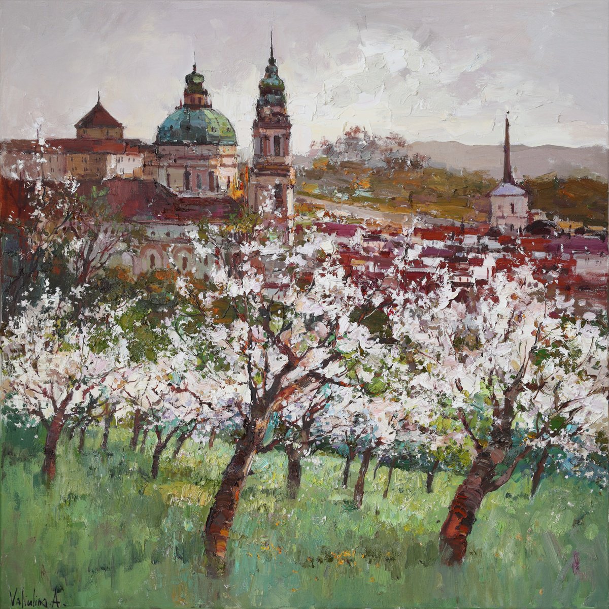 Impressionistic Landscape Oil Painting By Anastasiia Valiulina, 39 X 39, Spring Landscape, Prague, Original Artwork