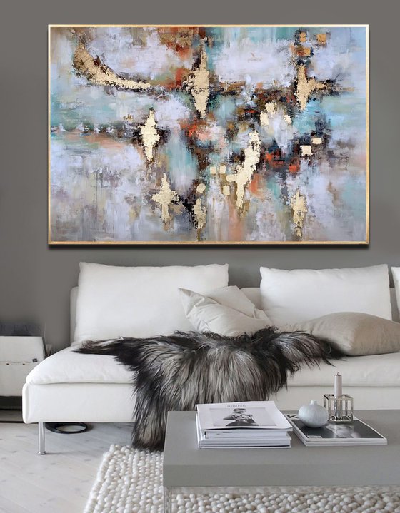 Summer Dance - Abstract Painting 60" x 40" Large Abstract Gold Leaf Soft Colors White Gray Painting