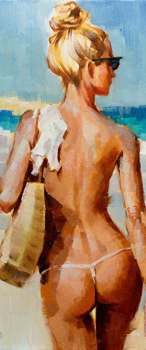 A HOT DAY by Yaroslav Sobol (Beautiful Blonde girl Summer Beach scene Oil Painting Portrait) by Yaroslav Sobol