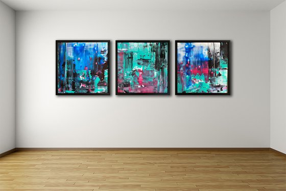 "Night Walkers" - Save As A Series - Original PMS Abstract Triptych Acrylic Paintings On Plexiglass, Framed - 78" x 26"