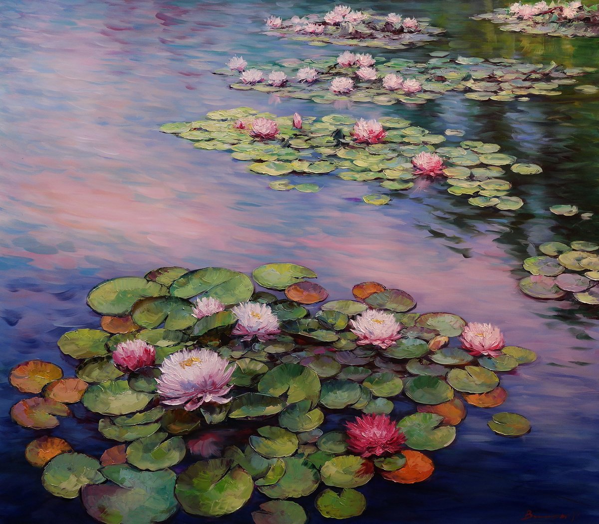 Impressionistic Landscape Oil Painting By Gennady Vylusk, 31 X 28, Water Lilies On The Water, Original Artwork