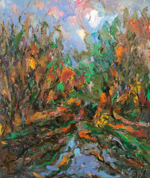 AUTUMN IN MOSCOW - landscape art, original painting oil on canvas, waterscape, pond fall, home decor by Karakhan