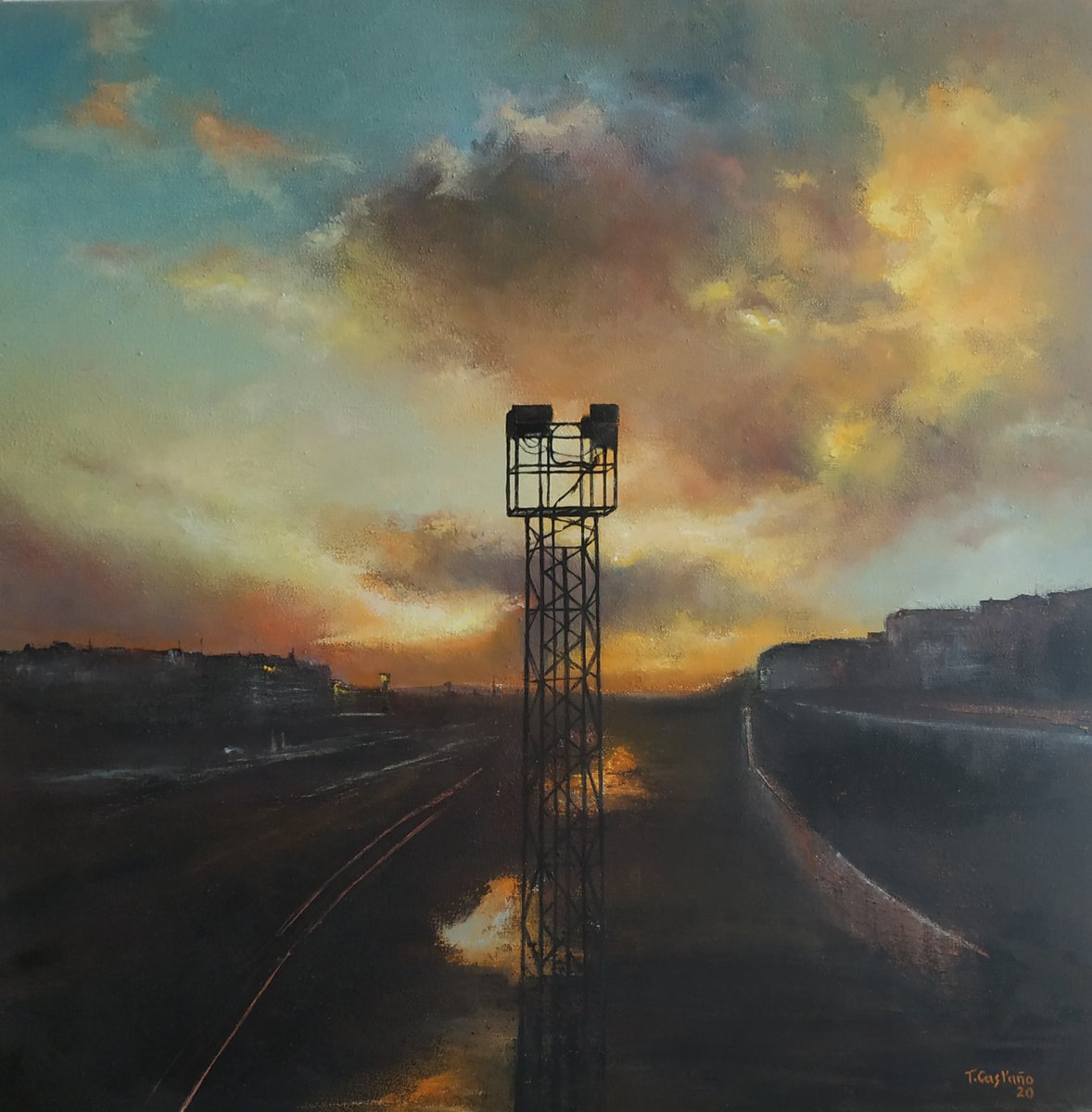 Photorealistic Landscape Oil Painting By Tomas Castano, 20 X 20", Sunset From Water Park, Original Artwork