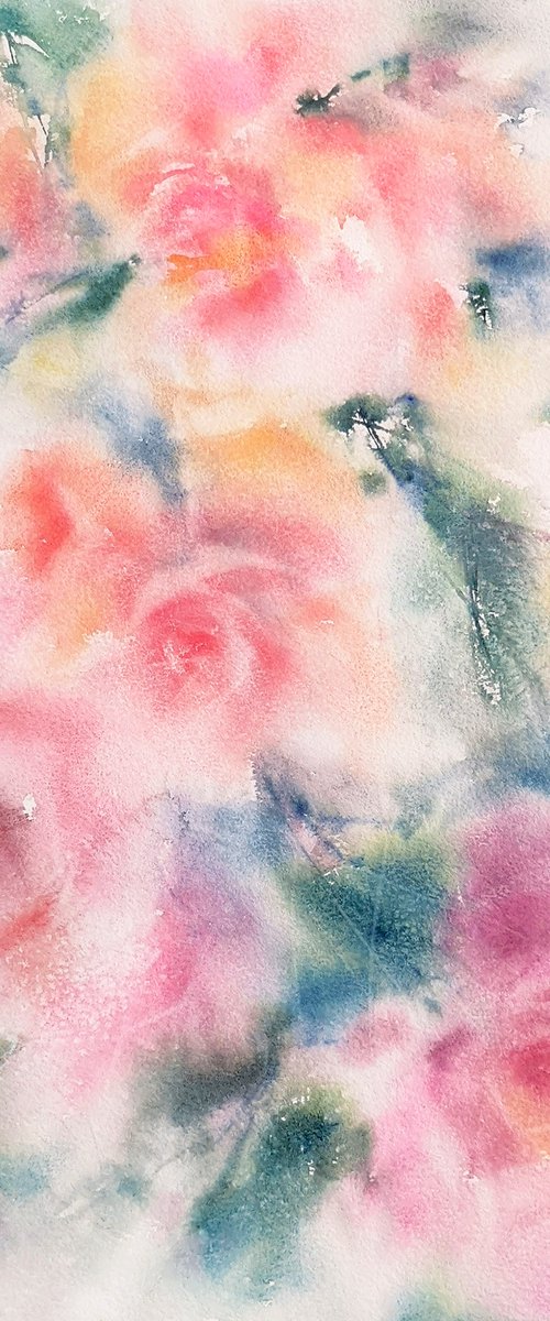 Pink roses, watercolor floral painting by Olga Grigo