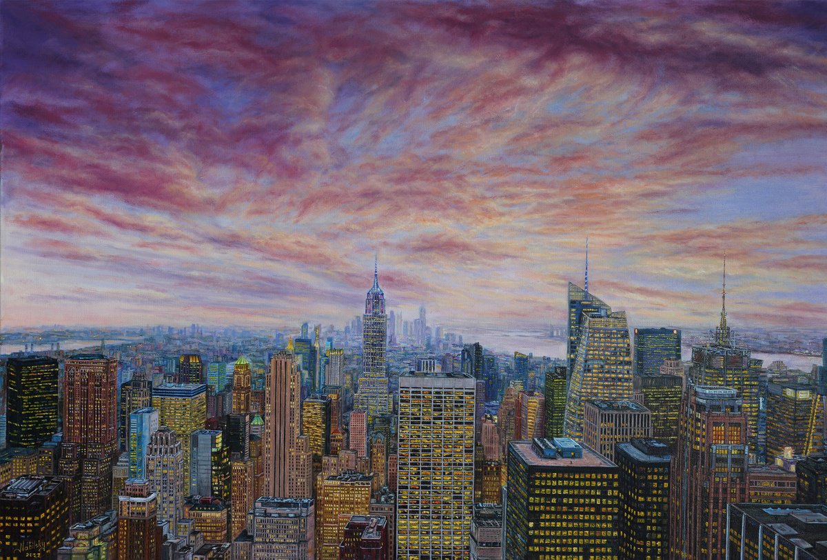 Photorealistic Cityscapes Oil Painting By Olena Nabilsky, 36 X 24", In The City, Original Artwork