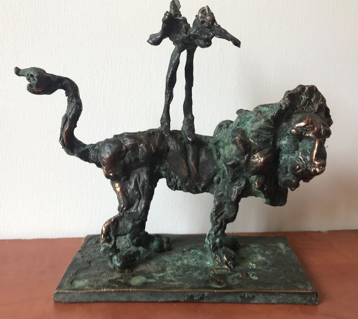 Surrealistic Animal Bronze Sculpture By Toth Erno, 7 X 7", Lion And Bird, Original Artwork