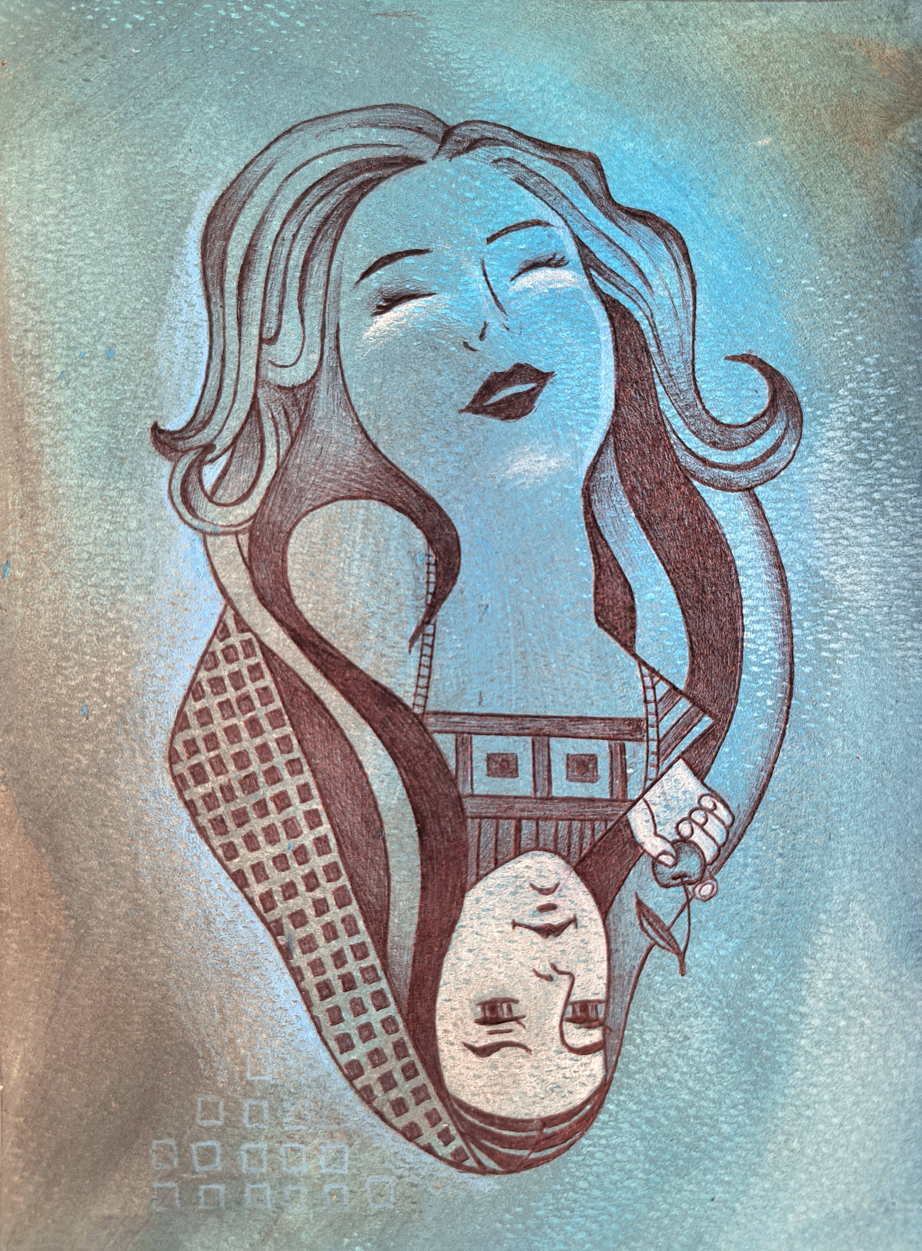 Surrealistic Portrait Ink Drawing By Andromachi Giannopoulou, 6 X 8, The Phenomenon Of Ecstasy, Original Artwork