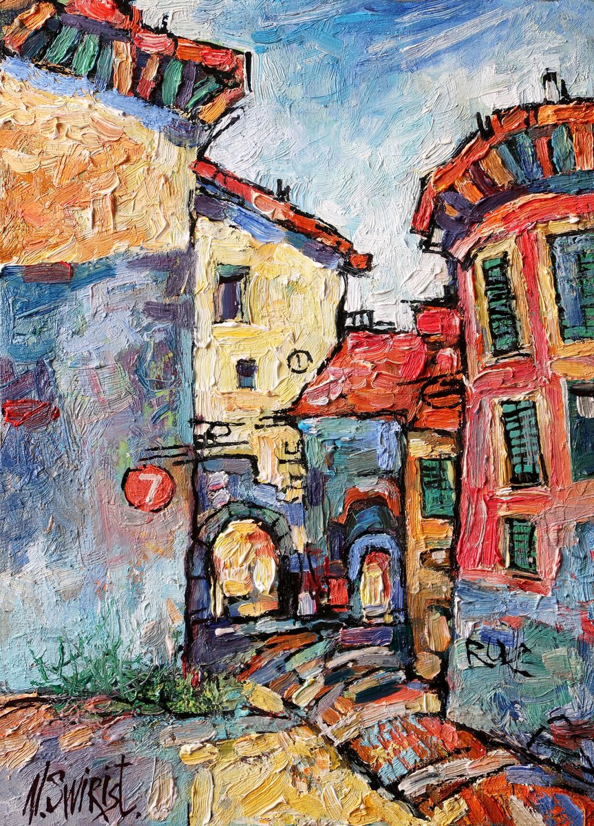 Impressionistic Cityscapes Oil Painting By Nikifor Swiristuhin, 10 X 14", Summer Shadows Of Mentona., Original Artwork