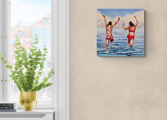 Jump into the sky - Swimmer Dive Woman Seascape Original Art
