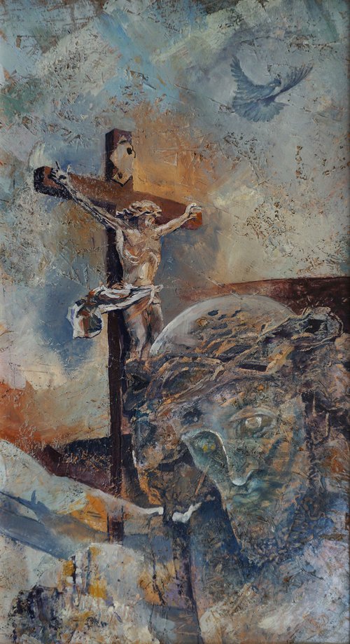 Crucifix Of Havihegy, Pécs  (hot wax on OSB) by Dora Stork