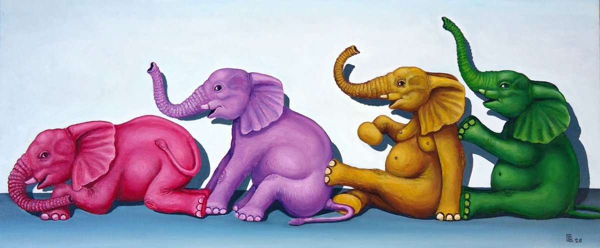 Surrealistic Oil Painting , Joyful Giants By Grigor Velev, 28 X 12, Artwork For Sale On Artfinder