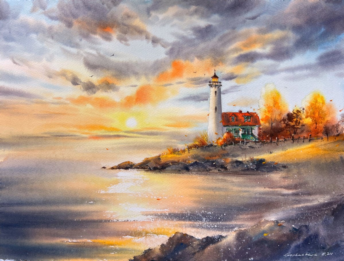 Impressionistic Landscape Watercolour By Eugenia Gorbacheva, 20 X 15, Lighthouse At Sunset #3, Original Artwork