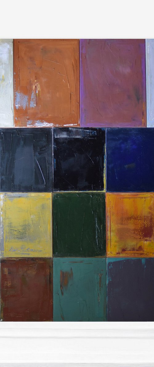 Oil painting, poliptych-19parts, canvas art, stretched, "Play with me XVI". Size 78.7/ 86.6 inches (200/220cm) by Kariko ono