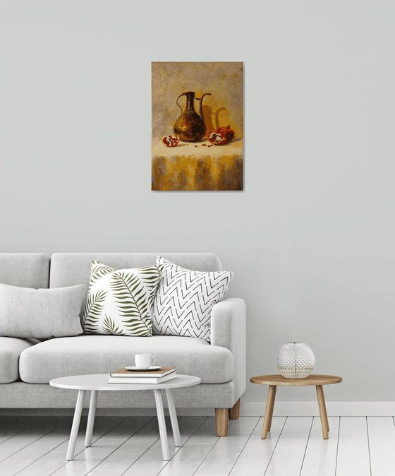 "Still life with an old jug"  pomegranat still life fruit  liGHt original painting  GIFT (2019)