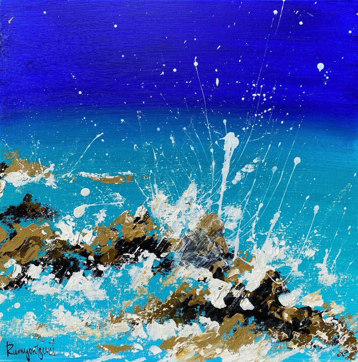 Expressive Landscape Acrylic Painting By Irina Rumyantseva, 16 X 16, Ocean Waves 9, Original Artwork