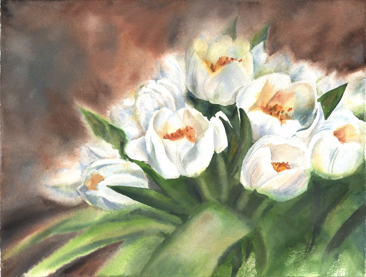 Impressionistic Botanical Watercolour By Maryna Boiko, 14 X 11", White Tulips, Original Artwork