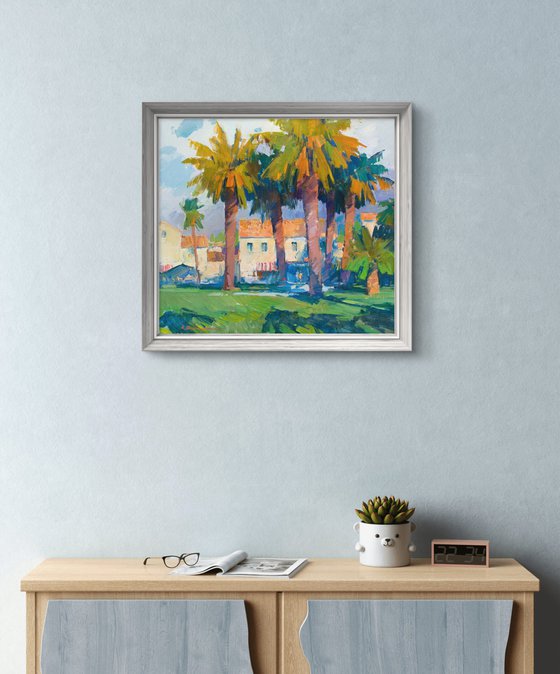 Cafe under palms. Morning