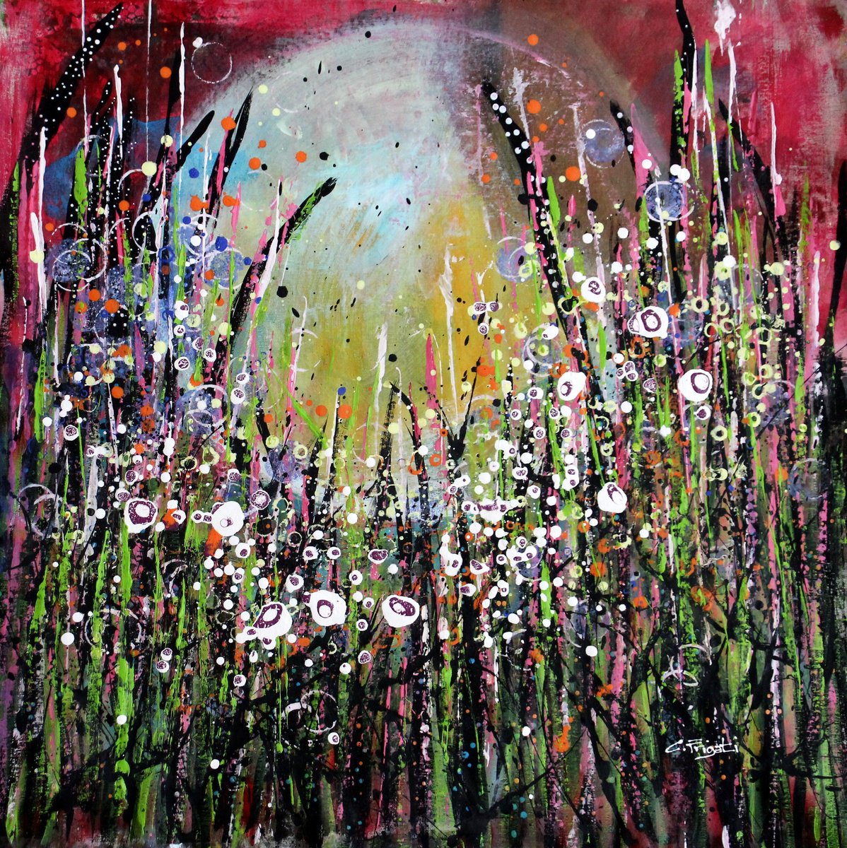 Expressive Landscape Acrylic Painting By Cecilia Frigati, 31 X 31, In My World #3, Original Artwork