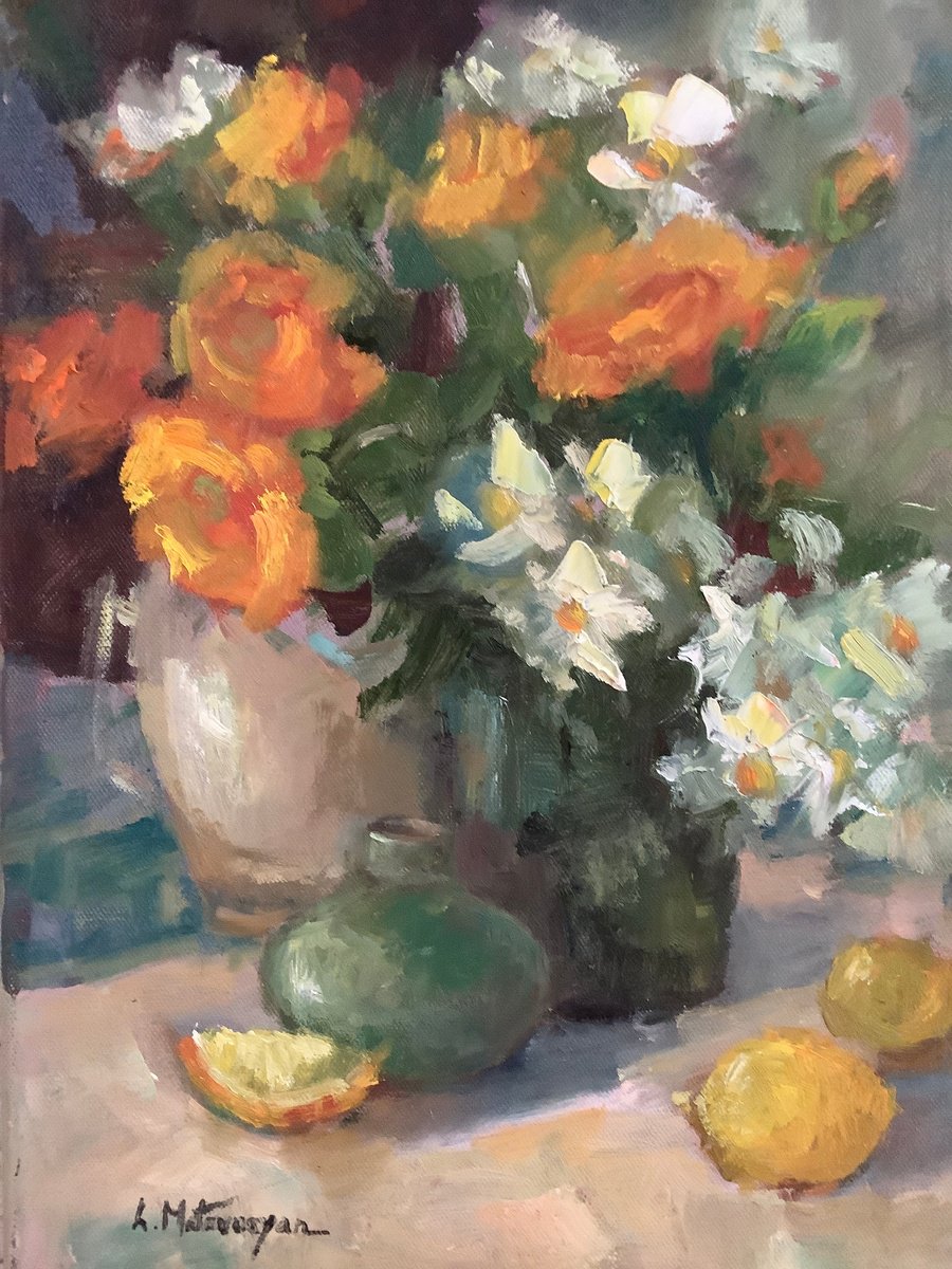 Impressionistic Botanical Oil Painting By Lia Matevosyan Haselton, 12 X 16", Still Life With Lemons, Original Artwork
