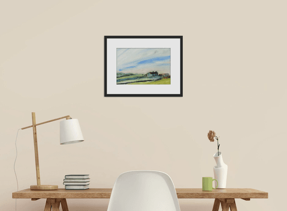 MISTY DAWN LANDSCAPE, DWELLING near Cemlyn Bay Anglesey. Original Watercolour with mount (mat).