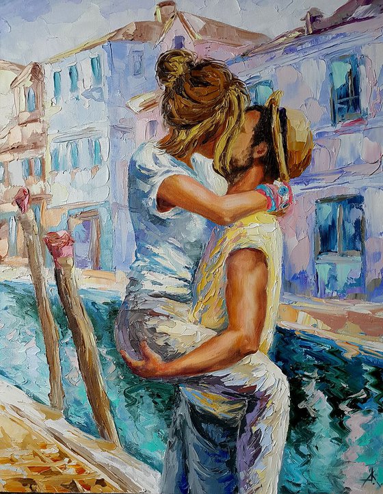 "Love in Venice" - Painting on canvas, oil painting, people art, citycape Venice, citycape, painting canvas, Impressionism,palette knife