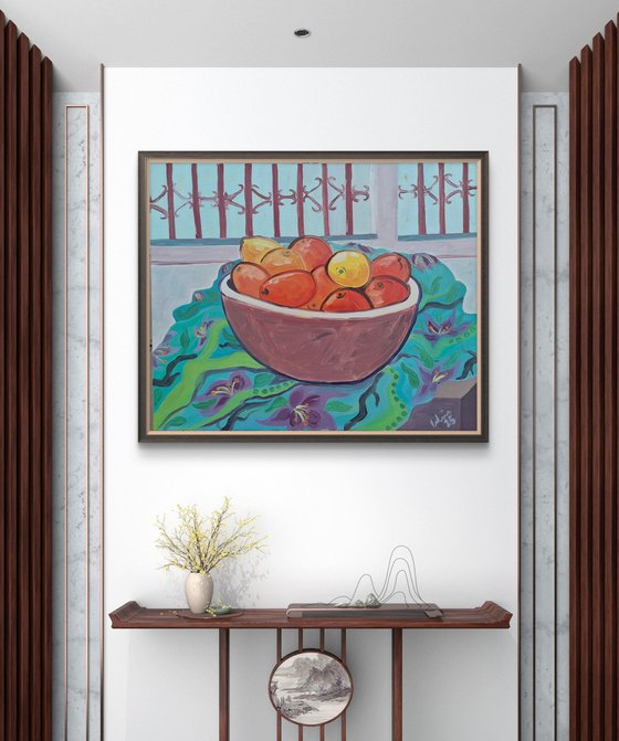 Still life with oranges and lemons.
