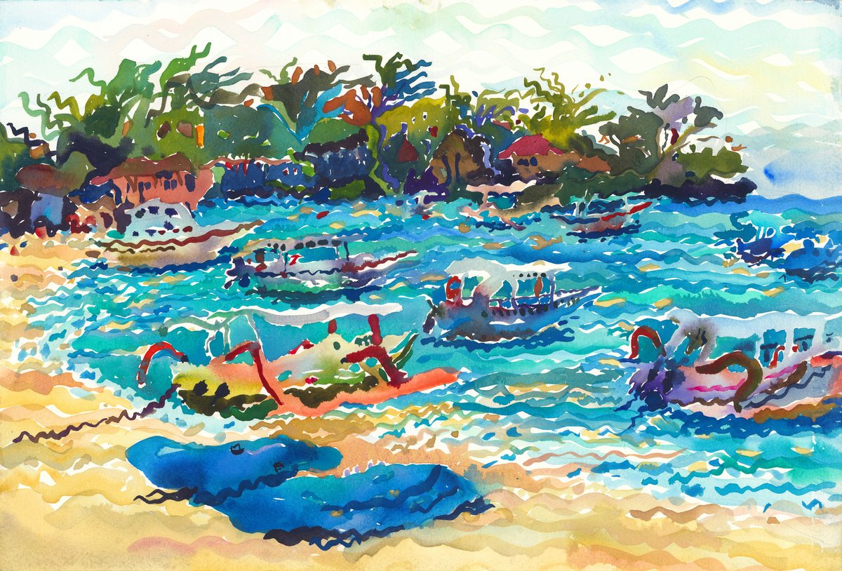 Impressionistic Landscape Watercolour By Tanbelia, 22 X 15", Mushroom Beach, Original Artwork