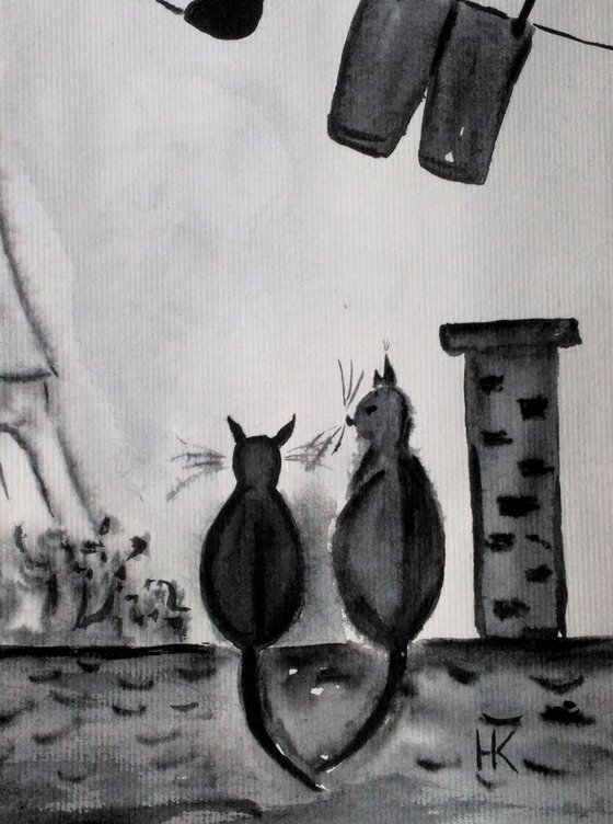 cats on the roof original watercolor painting " Life of the Paris roofs"