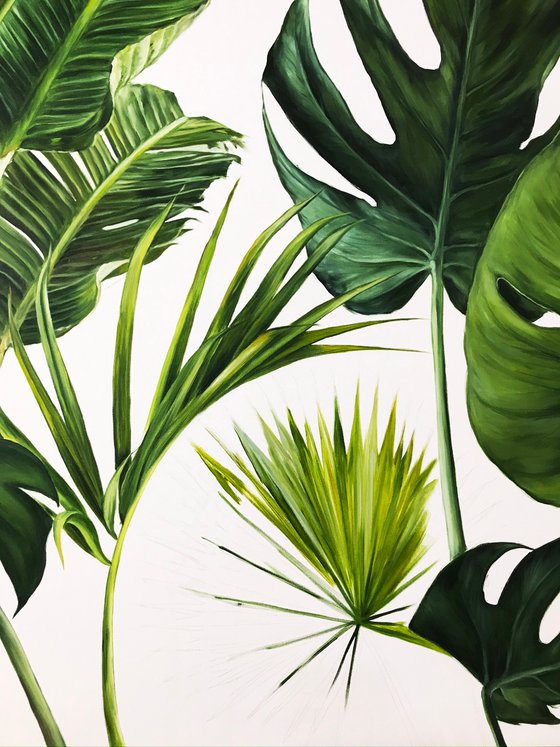 Big oil painting with palm and monstera leaves 100*120 cm