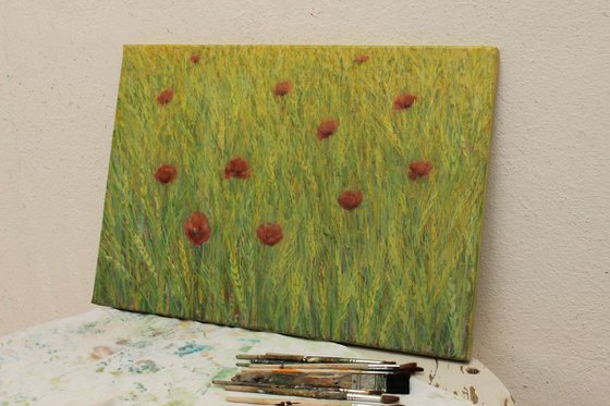 Maki v žitnem polju I – Poppies in the Cereal Field I, 2019, acrylic on canvas, 35 x 50 cm