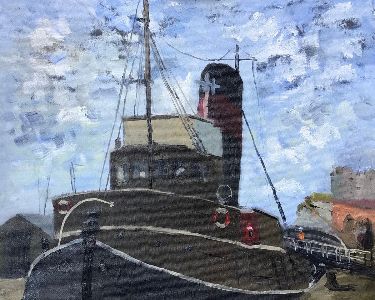Impressionistic Landscape Oil Painting By Julian Lovegrove Art, 12 X 10", Steam Tug Cervia At Ramsgate, Original Artwork