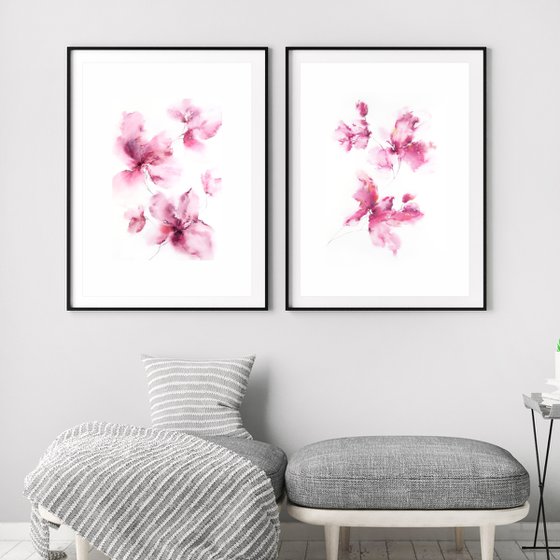 Pink watercolor floral paintings set