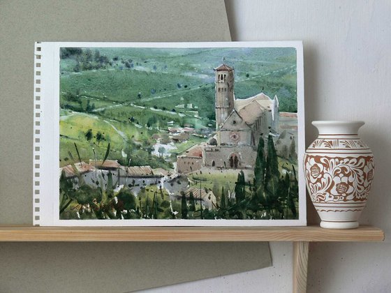 Assisi, Italy, watercolor painting on paper.