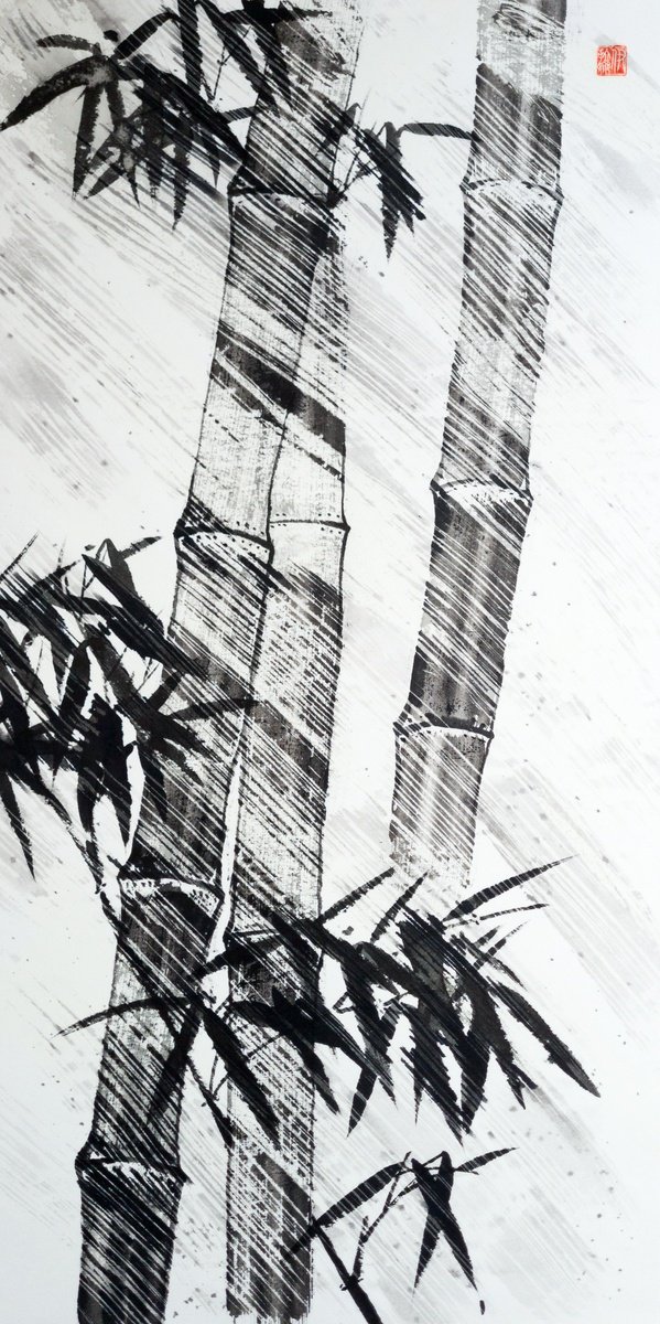 Bamboo in storm - Oriental Chinese Ink Painting by Ilana Shechter
