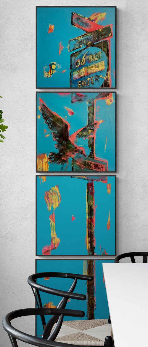 XXL Vertical painting - "Pink seagull" - Blue by Yaroslav Yasenev
