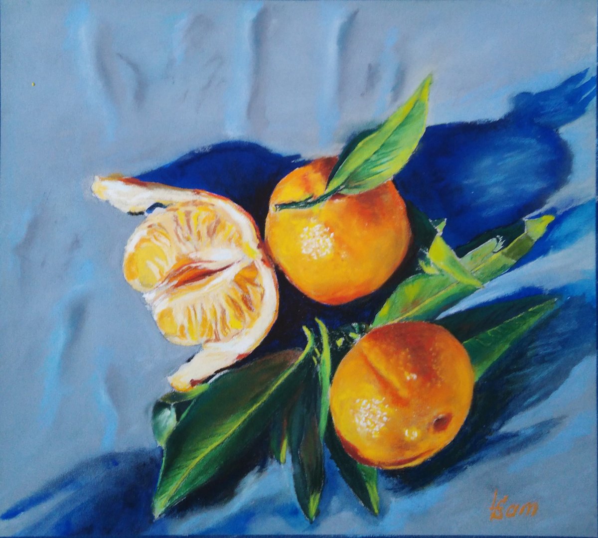 Three tangerines on blue by Liubov Samoilova